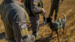 Israeli soldiers from the IDF Oketz canine unit patrol in Kerem Shalom, on the Gaza-Israel-Egypt border, May 18, 2022. Photo by Michael Giladi/Flash90.