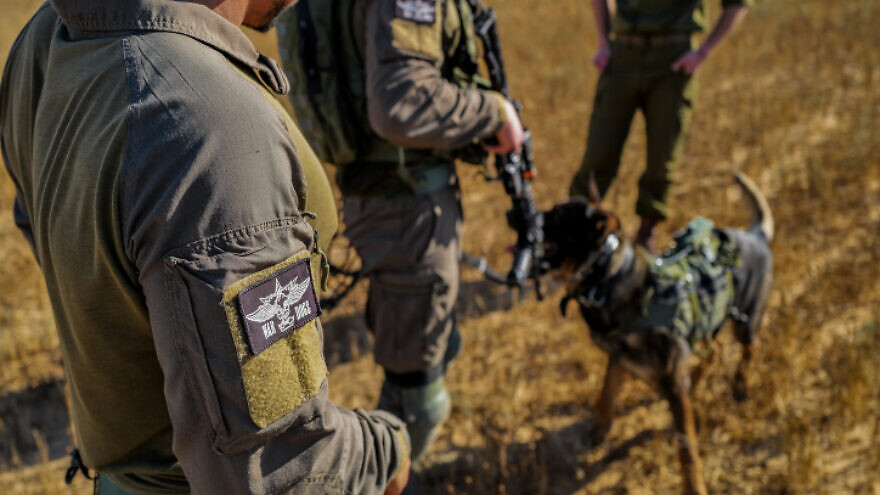 Israeli soldiers from the IDF Oketz canine unit patrol in Kerem Shalom, on the Gaza-Israel-Egypt border, May 18, 2022. Photo by Michael Giladi/Flash90.
