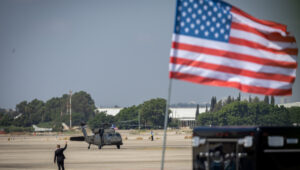 A US army helicopter lands at the Ben Gurion Airport near Tel Aviv on July 15, 2022. Photo by Yonatan Sindel/Flash90
