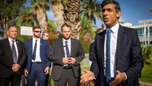 British Prime Minister Rishi Sunak speaks to the press as he arrives at the Ben Gurion International Airport, outside of Tel Aviv, on October 19, 2023. Photo by Yonatan Sindel/Flash90