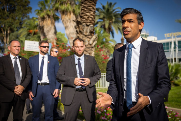 British Prime Minister Rishi Sunak speaks to the press as he arrives at the Ben Gurion International Airport, outside of Tel Aviv, on October 19, 2023. Photo by Yonatan Sindel/Flash90