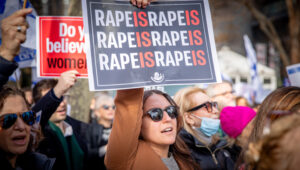 Demonstrators gather during a protest the crimes and sexual violence against women in October 7 massacre, outside of United Nations headquarters in New York City, on December 4, 2023. Photo by Yakov Binyamin/Flash90