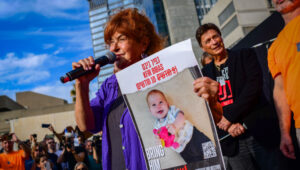 Israeli demonstrators demand the release of Kfir Bibas and the other Israeli children being held captive in Gaza. Photo by Tomer Neuberg/Flash90