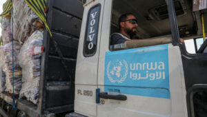 Trucks with Humanitarian aid arrive at the Palestinian side of the Kerem Shalom border crossing, in the southern Gaza Strip, on December 18, 2023. Photo by Abed Rahim Khatib/Flash90