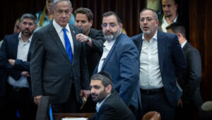 Israeli Prime Minister Benjamin Netanyahu, ministers and MKs during a plenary session and a vote on the reinstatement of the ultra-Orthodox conscription law in the Knesset on June 11, 2024. Photo by Yonatan Sindel/Flash90