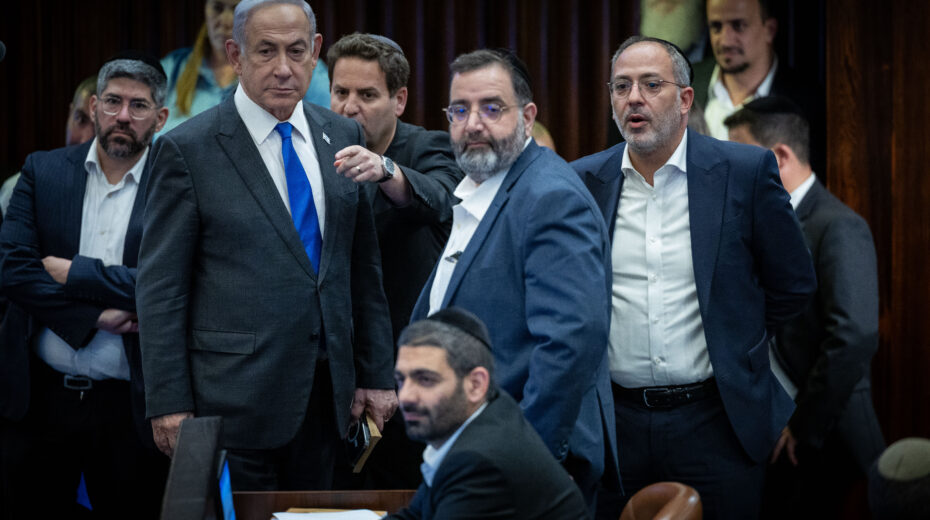 Israeli Prime Minister Benjamin Netanyahu, ministers and MKs during a plenary session and a vote on the reinstatement of the ultra-Orthodox conscription law in the Knesset on June 11, 2024. Photo by Yonatan Sindel/Flash90
