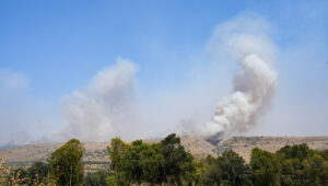View of a large fire that started from missiles launched from Lebanon, near the northern Israeli city of Katzrin on June 13, 2024. Photo by Ayal Margolin/Flash90