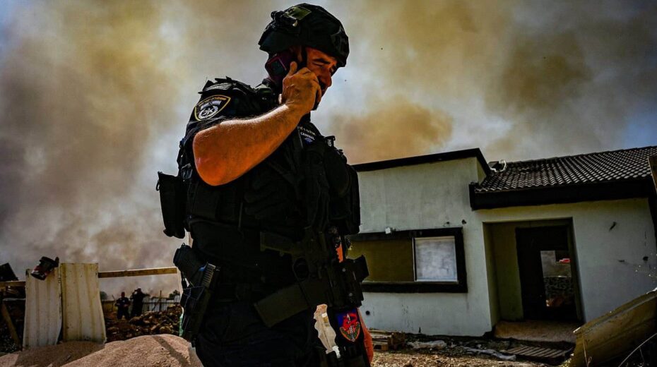 Police at the site where a rocket fired by Hezbollah in Lebanon hit and caused damage in the northern Israeli town of Katzrin, June 13, 2024. Photo by Michael Giladi/Flash90.
