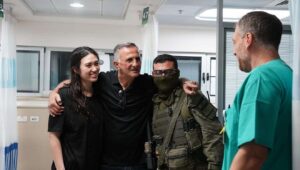Rescued Israeli hostage Noa Argamani, left, with her father, Yaakov, center, an Israeli soldier and a doctor at Sheba Medical Center in Ramat Gan on June 8, 2024. Credit: GPO.