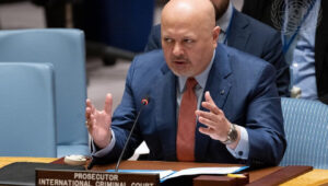 Karim Khan, prosecutor of the International Criminal Court, briefs the Security Council meeting on the secretary-general reports on Sudan on May 13, 2023. Credit: Eskinder Debebe/UN Photo.