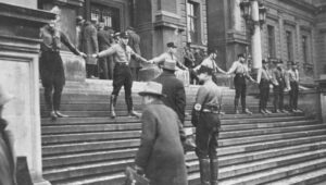 Nazis block the entrance to Vienna University for Jewish students (1938). Photo: National Archives and Records Administration College Park
