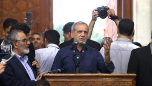 Iranian President-elect Masoud Pezeshkian (center) addresses the crowd at the Khomeini Shrine in southern Tehran, Iran, 06 July 2024, after his victory in the presidential elections. EPA-EFE/STR