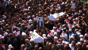 Mourners attend the funeral in Majdal Shams of Druze children killed by a Hezbollah rocket fired from Lebanon, July 28, 2024. Photo by Ayal Margolin/Flash90.