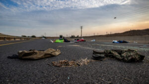 Scene of the murder of Israelis by Hamas terrorists on October 7, 2023 on a main road near the southern Israeli city of Sderot. Photo: Oren Ben Hakoon/Flash90