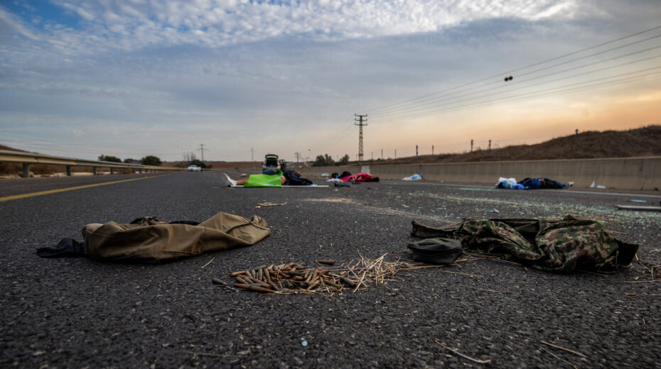 Scene of the murder of Israelis by Hamas terrorists on October 7, 2023 on a main road near the southern Israeli city of Sderot. Photo: Oren Ben Hakoon/Flash90
