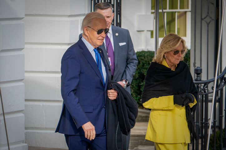 US President Joe Biden and his wife Jill walk to board Marine One as they depart from the White House in Washington DC to Manassas, Virginia, on January 23, 2024. Photo by Arie Leib Abrams/Flash90