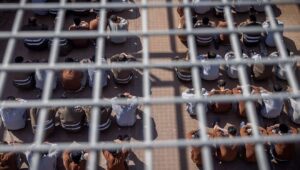 Hamas terrorists who were caught during the Oct. 7 massacre and during the Israel Defense Forces operation in the Gaza Strip, at a courtyard in a prison in southern Israel, Feb. 14, 2024. Photo by Chaim Goldberg/Flash90.