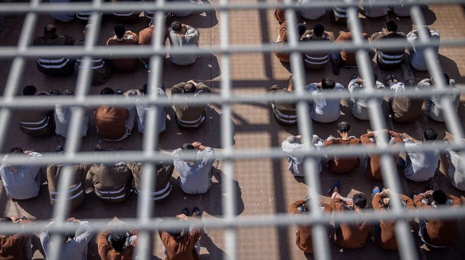 Hamas terrorists who were caught during the Oct. 7 massacre and during the Israel Defense Forces operation in the Gaza Strip, at a courtyard in a prison in southern Israel, Feb. 14, 2024. Photo by Chaim Goldberg/Flash90.