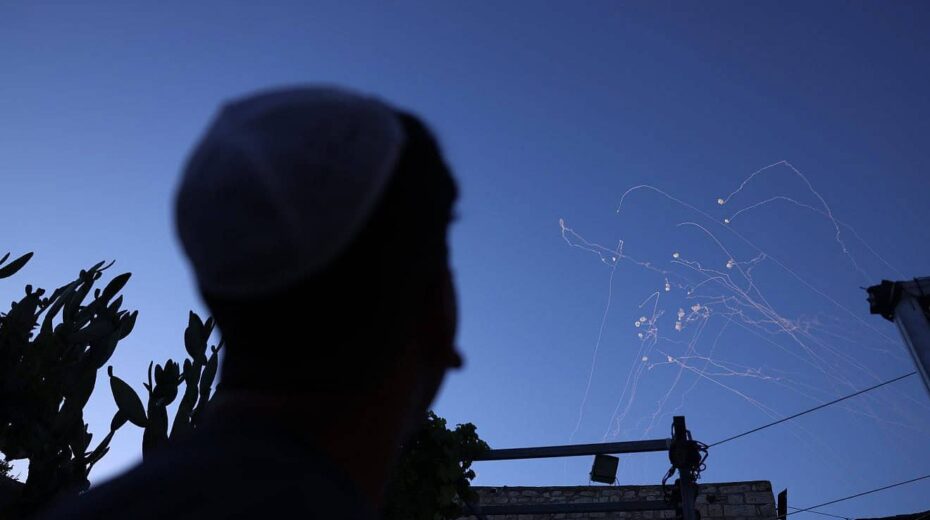 An anti-missile system fires interception missiles as rockets fired from Southern Lebanon, as it seen from the northern Israeli town of Safed on June 27, 2024. Photo by David Cohen/Flash90.