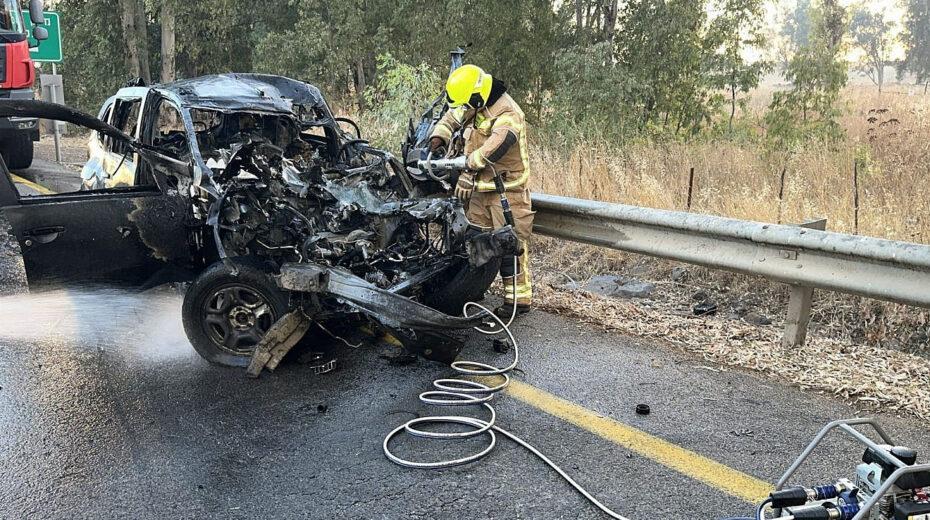 Israeli rescue forces at the scene of a Hezbollah rocket attack in the Golan Heights, July 9, 2024. Credit: Israel Fire and Rescue Services.