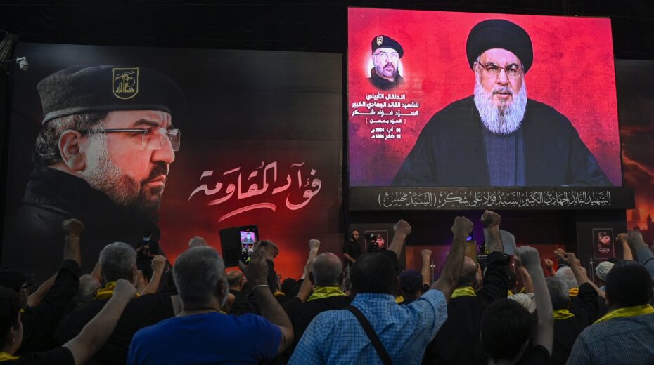 Hezbollah leader Hassan Nasrallah delivers a speech during a memorial ceremony for slain Hezbollah commander Fuad Shukr in Beirut, Lebanon, August 6, 2024. Shukr was killed in an Israeli strike on July 30. EPA-EFE/WAEL HAMZEH.
