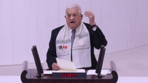 Palestinian Authority chief Mahmoud Abbas addresses the Turkish parliament in Ankara on August 15, 2024. Photo: EPA-EFE/NECATI SAVAS.