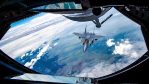 An F-15E Strike Eagle with the 4th Fighter Wing approaches a KC-135 Stratotanker from the 121st Air Refueling Wing to be refueled over the skies of North Carolina, May 7, 2024. F-15s are reportedly one of the weapons systems the Biden administration is withholding from Israel. Photo by Senior Airman Ivy Thomas/US Air Force.