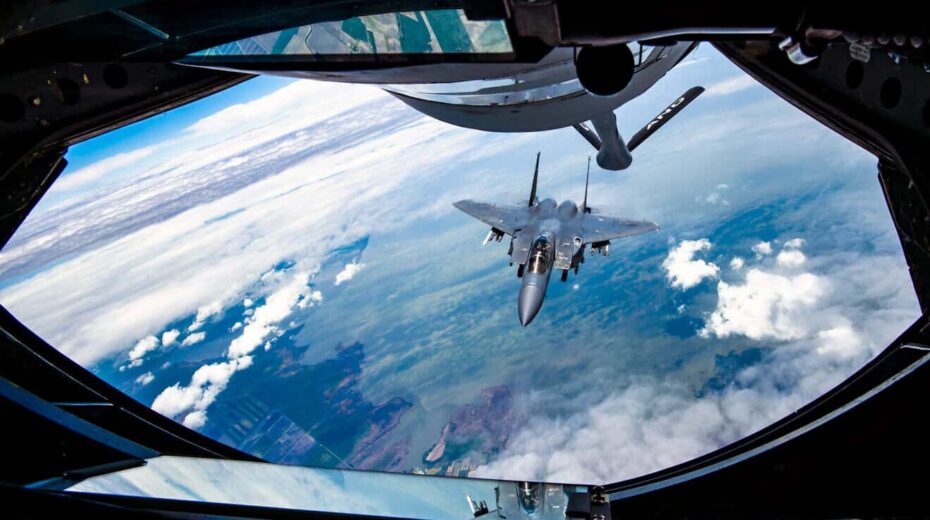 An F-15E Strike Eagle with the 4th Fighter Wing approaches a KC-135 Stratotanker from the 121st Air Refueling Wing to be refueled over the skies of North Carolina, May 7, 2024. F-15s are reportedly one of the weapons systems the Biden administration is withholding from Israel. Photo by Senior Airman Ivy Thomas/US Air Force.