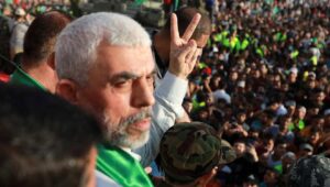 Yahya Sinwar, leader of the Hamas terrorist group, gestures during a rally in Beit Lahiya on May 30, 2021. Photo by Atia Mohammed/Flash90.