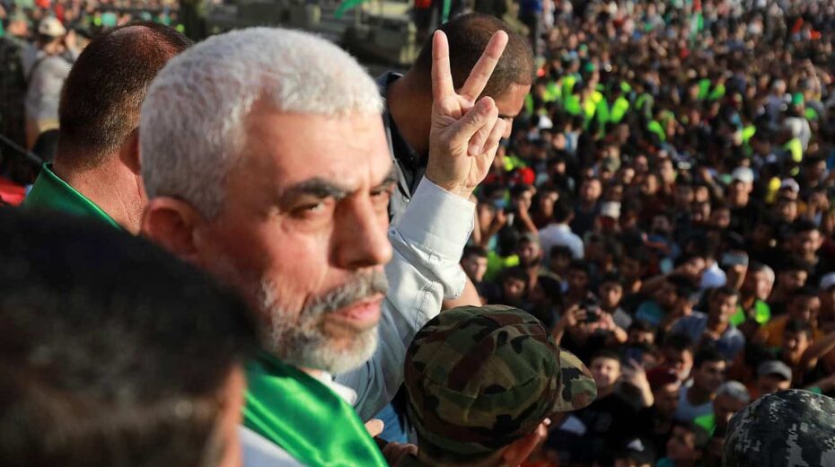 Yahya Sinwar, leader of the Hamas terrorist group, gestures during a rally in Beit Lahiya on May 30, 2021. Photo by Atia Mohammed/Flash90.