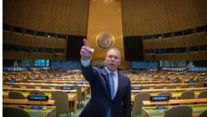 Israeli Ambassador Gilad Erdan at the U.N. General Assembly Hall in New York, Jan. 16, 2023. Photo by Arie Leib Abrams/Flash90.