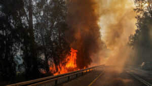 A forest fire caused by rockets from Lebanon near the northern Israeli town of Kiryat Shmona on June 4, 2024. Photo by Ayal Margolin/Flash90