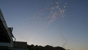 Israeli missile-defense systems fire interceptors at rockets launched by Hezbollah in Lebanon, as seen from the northern Israeli town of Safed on June 27, 2024. Photo by Ayal Margolin/Flash90.