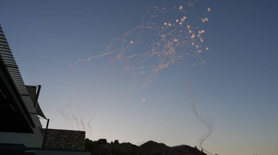 Israeli missile-defense systems fire interceptors at rockets launched by Hezbollah in Lebanon, as seen from the northern Israeli town of Safed on June 27, 2024. Photo by Ayal Margolin/Flash90.