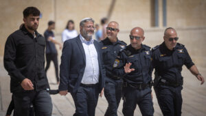 Israeli National Security Minister Itamar Ben Gvir at the Western Wall in Jerusalem's Old City, after his visit at the Temple Mount during Tisha B'Av, Aug. 13, 2024. Photo by Chaim Goldberg/Flash90.