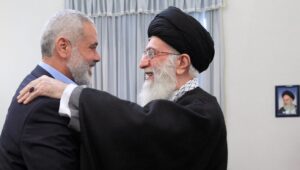 Iran’s Supreme Leader Ayatollah Ali Khamenei (right) embraces Hamas leader Ismail Haniyeh. Source: Khamenei's Twitter account, posted May 24, 2021.