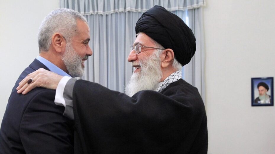 Iran’s Supreme Leader Ayatollah Ali Khamenei (right) embraces Hamas leader Ismail Haniyeh. Source: Khamenei's Twitter account, posted May 24, 2021.