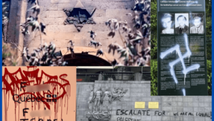A synagogue was damaged by Islamic terrorists in Russia, a plaque and memorial honoring non-Jewish resistance fighters who saved Jews during the Holocaust was vandalized in Belgium, and a Holocaust museum sign was defaced in Montreal in the spring of 2024. Credit: Courtesy.