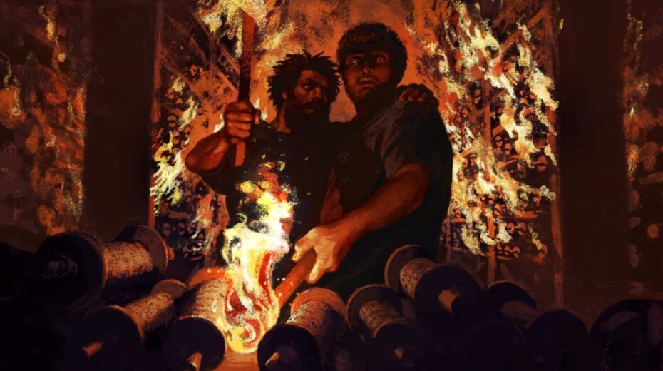 A scene from the film “Legend of Destruction.” Credit: Art by David Polonsky and Michael Faust.