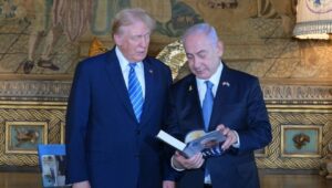 Former President Donald Trump with Prime Minister Benjamin Netanyahu at Mar-a-Lago in Palm Beach, Fla., on July 26, 2024. Photo by Amos Ben-Gershom/GPO.