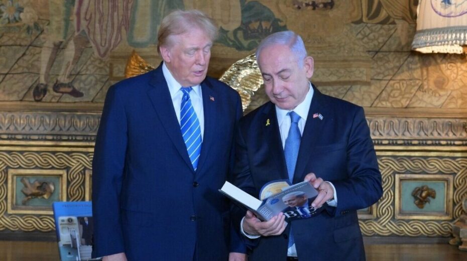 Former President Donald Trump with Prime Minister Benjamin Netanyahu at Mar-a-Lago in Palm Beach, Fla., on July 26, 2024. Photo by Amos Ben-Gershom/GPO.
