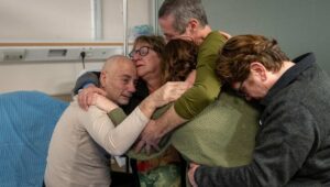 Family members of freed Israeli hostages Fernando Simon Marman and Norberto Louis Har embrace them for the first time since they were rescued from Hamas in Gaza, Sheba Medical Center in Ramat Gan, Feb. 12, 2024. Credit: IDF Spokesperson’s Unit.