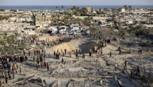 Palestinians survey the damage after an Israeli attack on a makeshift refugee camp in Khan Yunis in the Gaza Strip on September 10, 2024, amid the ongoing war between Israel and the Palestinian terror group Hamas. Photo: EPA-EFE/HAITHAM IMAD