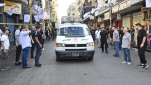 An ambulance drives into a southern suburb of Beirut after new explosions were reported, a day after exploding pagers killed 12 people, in Beirut, Lebanon, September 18, 2024. Photo: EPA-EFE/WAEL HAMZEH