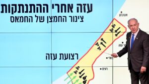 Israeli Prime Minister Benjamin Netanyahu in front of a map showing the Philadelphi Corridor on Sept. 2, 2024. Credit: Avi Ohayon/GPO.