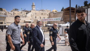 National Security Minister Itamar Ben-Gvir at the Western Wall in Jerusalem's Old City after his visit to the Temple Mount on Tisha B'Av, Aug. 13, 2024. Photo by Chaim Goldberg/Flash90.