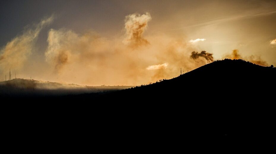 Smoke rises during an exchange of fire between the Israel Defense Forces and Hezbollah terrorists on the Lebanese border, Nov. 10, 2023. Photo by Ayal Margolin/Flash90.