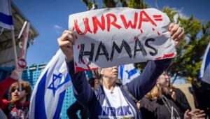 Israelis protest against the U.N. Relief and Works Agency (UNRWA) outside one of its offices in Jerusalem, March 20, 2024. Photo by Yonatan Sindel/Flash90.