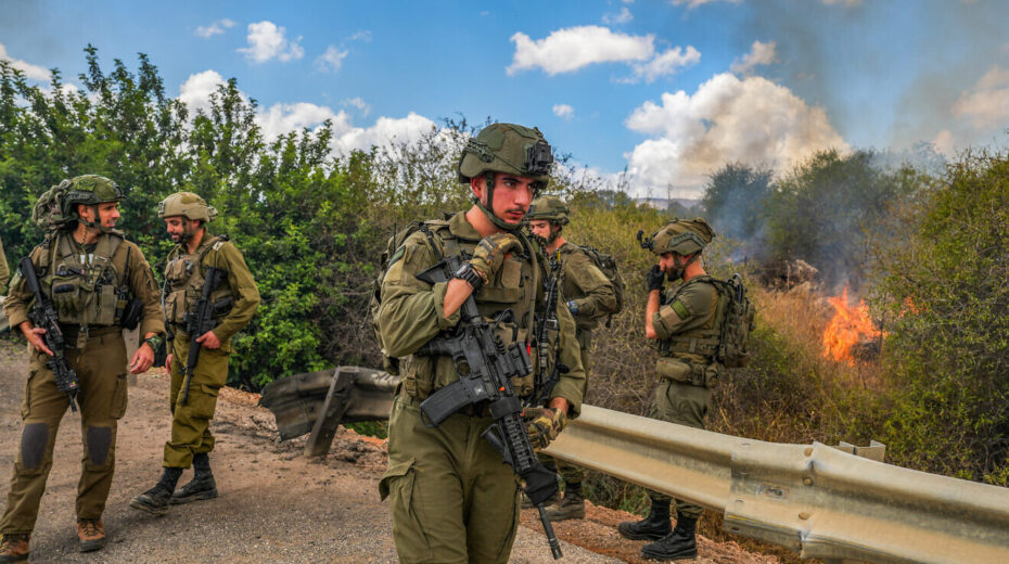 Israeli security forces at the scene where a missile fired from Lebanon hit an open area near the northern Israeli city of Kiryat Shmona, Sept. 4, 2024. Photo by Ayal Margolin/Flash90.