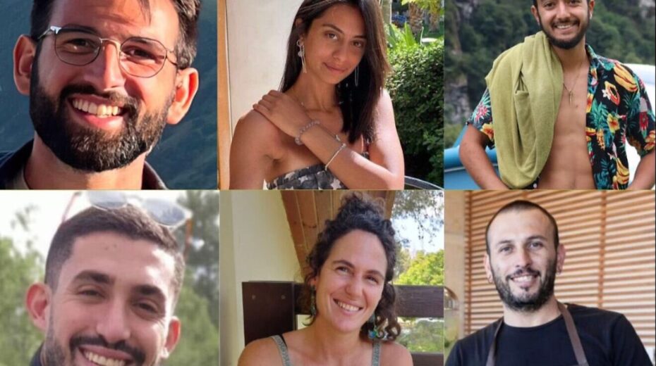 Clockwise from top left: Almog Sarusi, 25, Eden Yerushalmi, 24, Hersh Goldberg-Polin, 23, Ori Danino, 25, Carmel Gat, 40, and Alex Lubnov, 32. Credit: Hostage and Missing Families Forum.